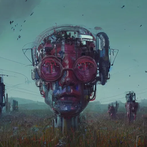 Prompt: a farm of human heads, Simon Stalenhag, Wadim Kashin, 4K, cinematic