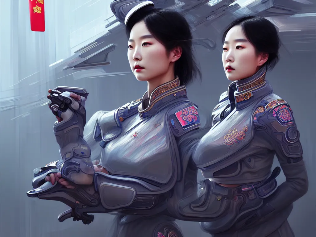 Image similar to portrait futuristic china police uniform female, at future neon light rooftop, ssci - fi and fantasy, intricate and very very beautiful and elegant, highly detailed, digital painting, artstation, concept art, smooth and sharp focus, illustration, art by tan zi and ayanamikodon and alphonse mucha and wlop