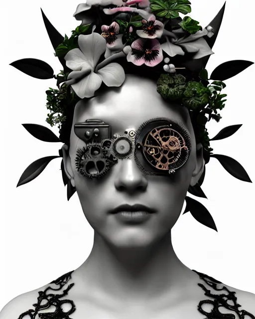 Image similar to monochrome 3 d model, 1 9 3 0 picture, floral steampunk biomechanical beautiful young female cyborg with porcelain profile face and a techno eye, volumetric light, leaves foliage and stems, hibiscus flowers, boho vines, sinuous fine roots, fine foliage lace, alexander mcqueen, rim light, big gothic fashion pearl embroidered collar, octane render, 8 k