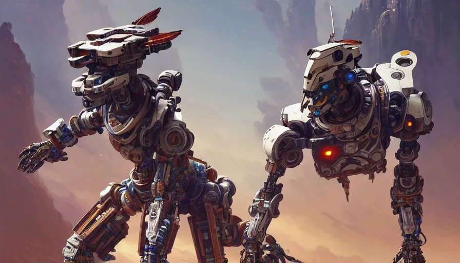 Image similar to a warrior robot astronaut, floral! looks like a machine from horizon zero dawn designed by apple, in socotra island, posing for a fight, intricate, elegant, highly detailed, digital painting, establishing shot, an epic fantasy, artstation, smooth, sharp focus, illustration, art by artgerm and greg rutkowski, 8 k