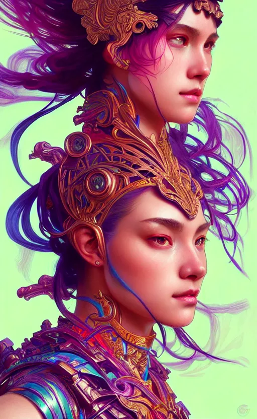 Image similar to hyper detailed ultra sharp of a beautiful warrior girl. trending on artstation, vaporwave aesthetic, synthwave, colorful, psychedelic, ornate, intricate, digital painting, concept art, smooth, sharp focus, illustration, art by artgerm and greg rutkowski and alphonse mucha, 8 k