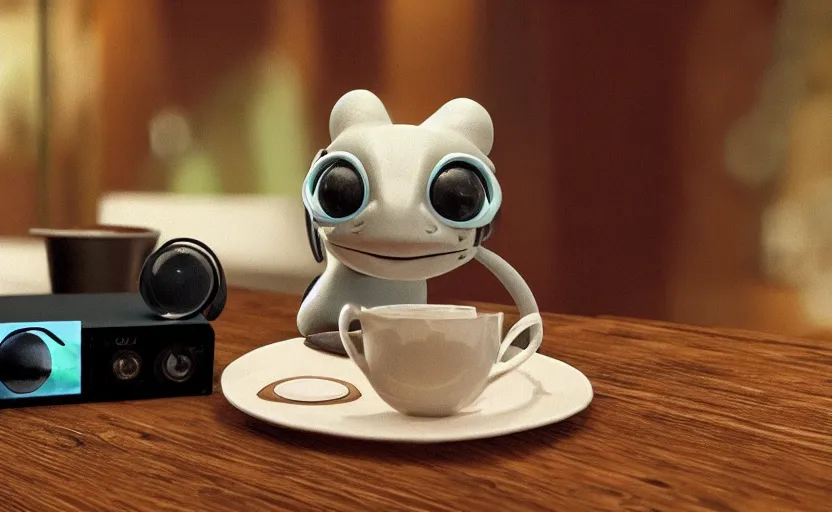 Image similar to a cute gecko with headphones in a cafe sitting in front of a table with a coffee, digital painting, masterpiece, digital art, concept art, octane render, unreal engine 5, trending on deviantart, highly detailed, high quality, 8 k, cartoon, high coherence, realistic, anatomically correct, five fingers, relaxing, realistic and detailed face, beautiful, elegant