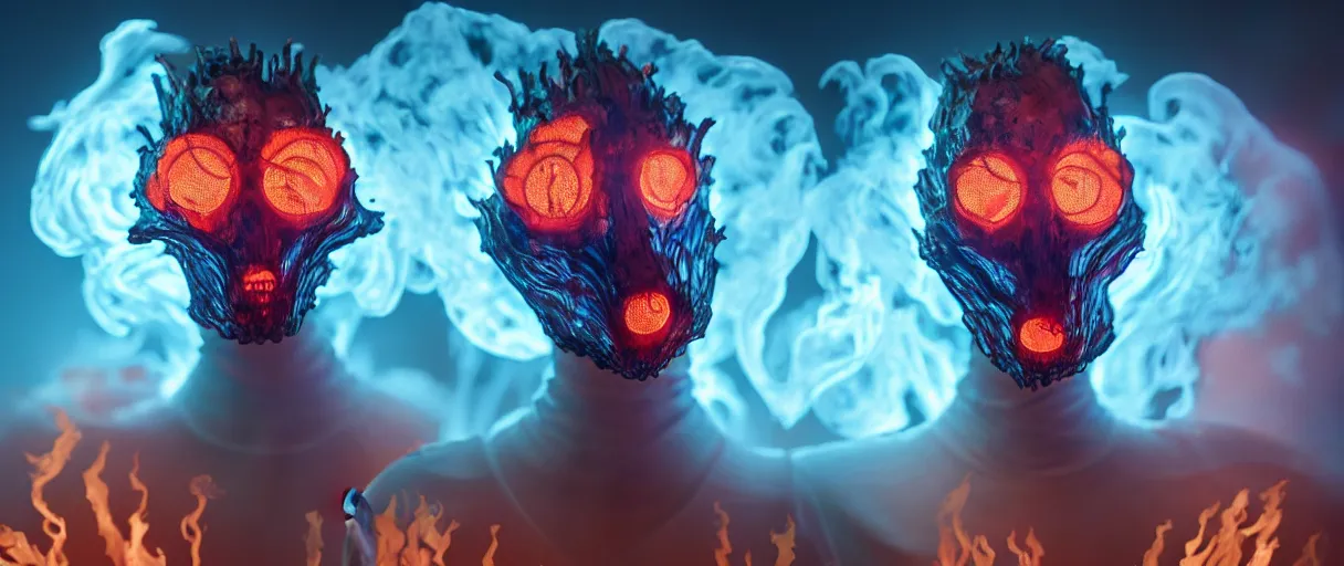 Prompt: hyperrealist highly detailed english medieval portrait of high fashion monster wearing flame fire smoke flame armor, radiating atomic neon corals, veiny network growth with ghostly ghost translucent ghost armor, concept art pascal blanche dramatic studio lighting 8k wide angle shallow depth of field