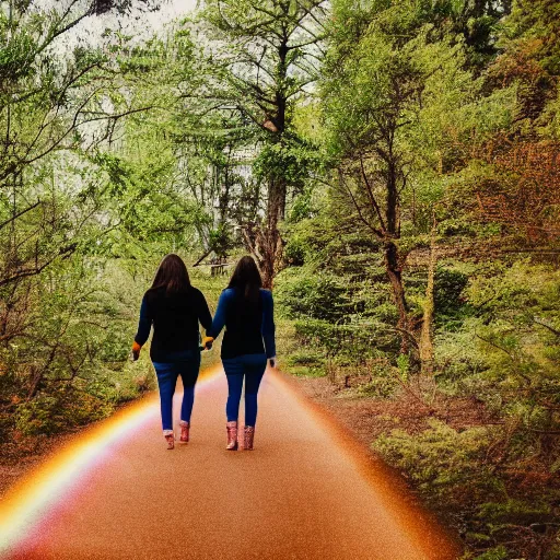 Prompt: a lesbian couple holding hands being happy walking in a beautiful rainbow forest