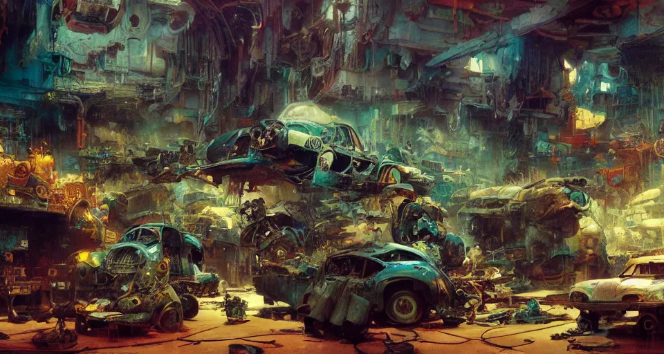 Prompt: junkyard interior, intricate, elegant, highly detailed, vivid colors, john harris, frazetta, tyrus wong, ruan jia, jeffrey catherine jones