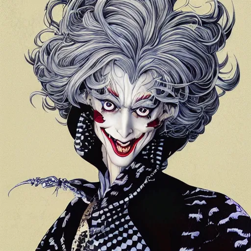 Image similar to portrait closeup of crazy cruella de vil, symmetrical, by yoichi hatakenaka, masamune shirow, josan gonzales and dan mumford, ayami kojima, takato yamamoto, barclay shaw, karol bak, yukito kishiro