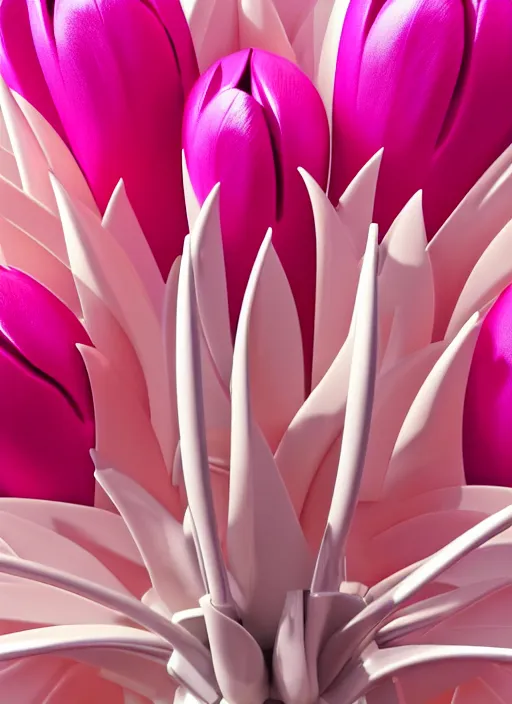 Prompt: perfume bottle standing in the center of a biomechanical light - pink enchanted coral reef made of tulips in an ivory room well contoured smooth fair walls, up close shot, sharp focus, global illumination, radiant light, alexandre ferra white mecha, irakli nadar, octane highly render, 4 k, ultra hd,