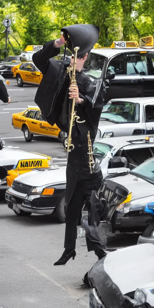 Prompt: of a punk Rock trumpet player really getting into a solo onto of a pile of taxi cars