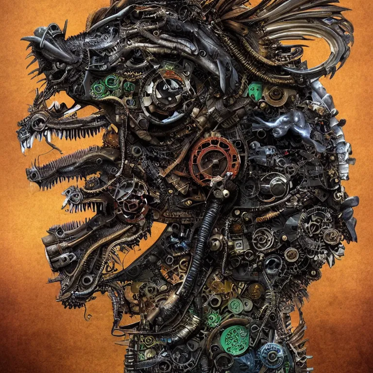 Image similar to profile portrait of a dragon, computer parts, mechanical parts, by giuseppe arcimboldo, steampunk, cyberpunk, futuristic, psychedelic, surreal, sci - fi, vaporwave, alien, dreamlike.