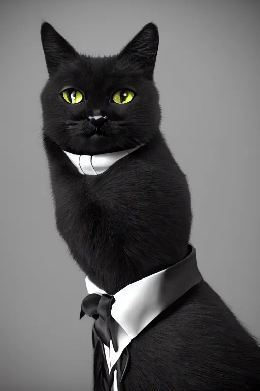 Image similar to a black cat wearing a formal overcoat, portait, photo, profile, picture, octane render, unreal engine 5, hyperrealistic, concept art, digital art