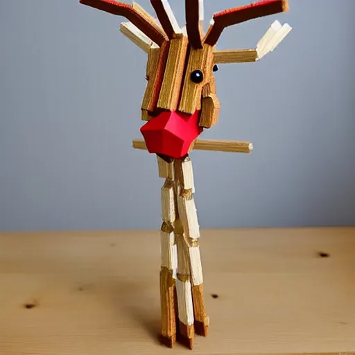 Prompt: detailed reindeer made from match sticks like lowpoly wooden machine