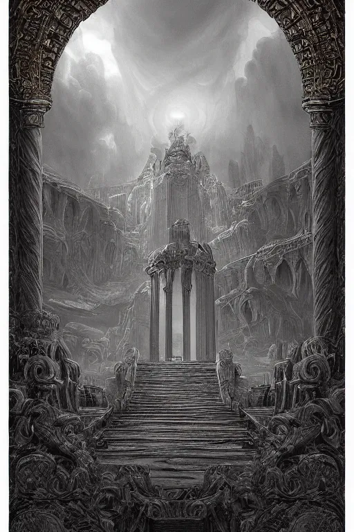 Image similar to a beautiful 3 d gigantic golden hell's gate osborne robert mandel artstation unreal 8 k ， greco - roman art, intricate complexity, gilded swirls on monochrome, occult propaganda, in the thick fog