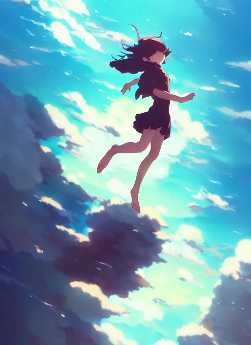 Image similar to girl flying towards a deep abyss in the air, illustration concept art anime key visual trending pixiv fanbox by wlop and greg rutkowski and makoto shinkai and studio ghibli