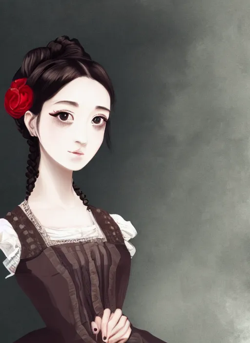 Prompt: a photograpic portrait of young woman, pride and prejudice, kawaii style, with kind face, dark hair, georgian dress, intricate, elegant, highly detailed, digital painting, smooth, sharp focus