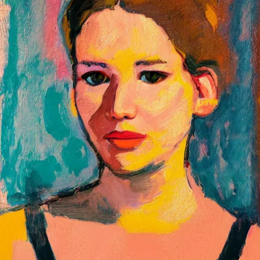 Prompt: Jennifer Lawrence. Oil on canvas portrait by Alex Jawlensky.