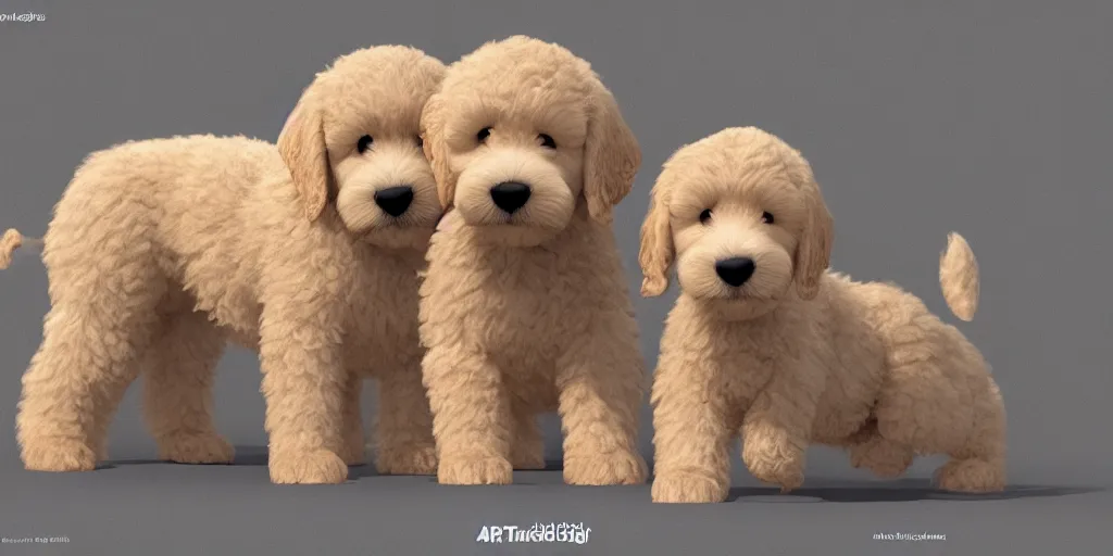 Image similar to adorable goldendoodle puppies and dogs, pixar render, brilliant style by Artstation, Artstation Trending, cgsociety, high quality, very coherent, ultra realism, high definition, post processing, unreal engine, 8k, high resolution, octane render, high contrast, 4k UHD, photographic, digital art, artstation,