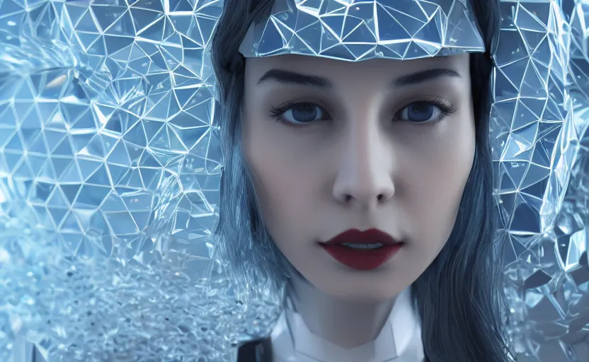 Image similar to young female agi in her 20s made out of low poly, kevlar, octa core, watercooled plates with crystal elements as a power source with an arctic-based, geometric backdrop; led, robotic, abstract, front profile shot, cycles render, 4k