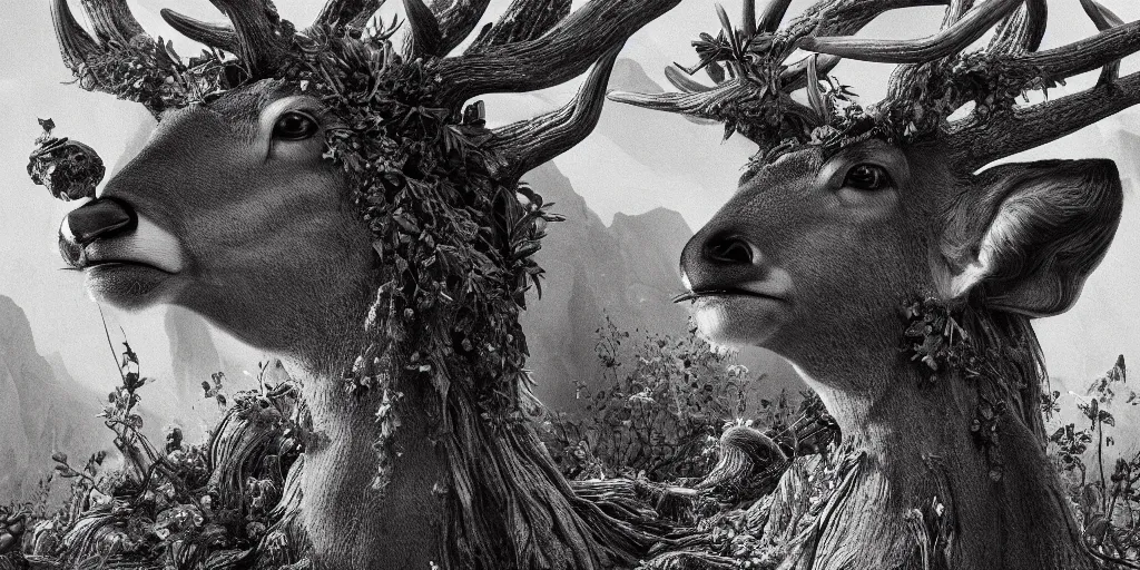 Image similar to portrait of deer head transforming into root monster, edelweiss growing on his head, forest, dolomites, alpine, detailed intricate insanely detailed octane render, 8k artistic 1920s photography, photorealistic, black and white, chiaroscuro, hd, by David Cronenberg, Raphael, Caravaggio