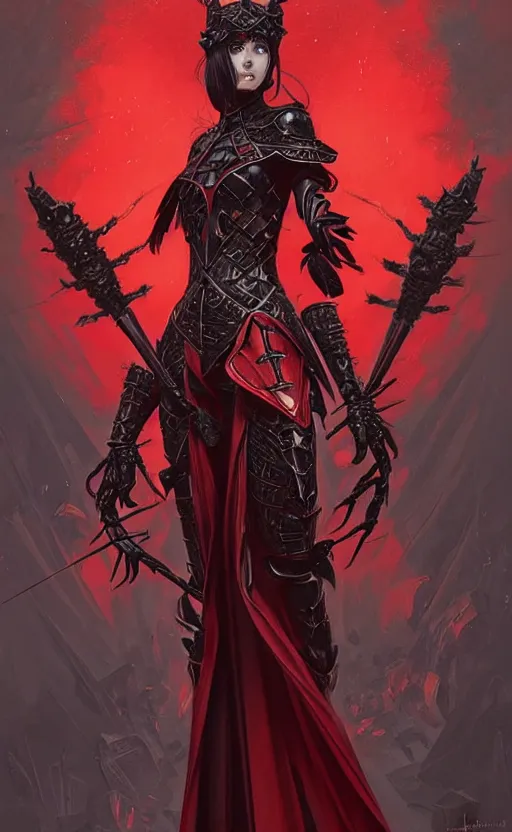 Image similar to Gothic crustacean warrior queen in red and black chitin armor, fantasy, highly detailed, digital painting, artstation, concept art, smooth, sharp focus, illustration, art by artgerm and greg rutkowski and alphonse mucha