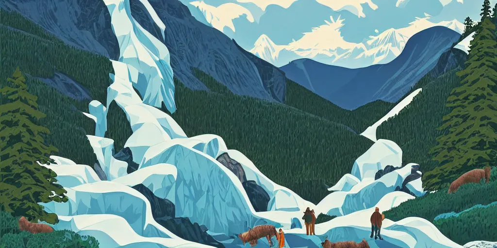 Image similar to beautiful idyllic poster illustration for a craggy ice glacier valley national park by ludwig hohlwein, ludwig hohlwein, graphic, behance, clean bold design