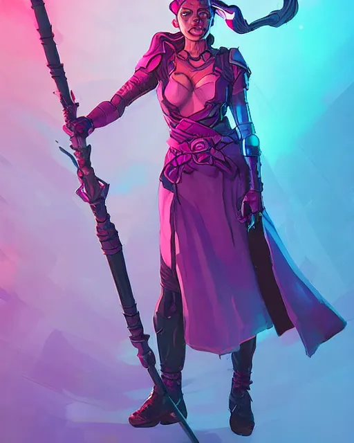 Image similar to A witch wielding a futuristic power staff, digital apex legends illustration portrait, gorgeous lighting, wide angle action dynamic portrait, perspective shot, art by Nick Sullo, Pink and blue palette,
