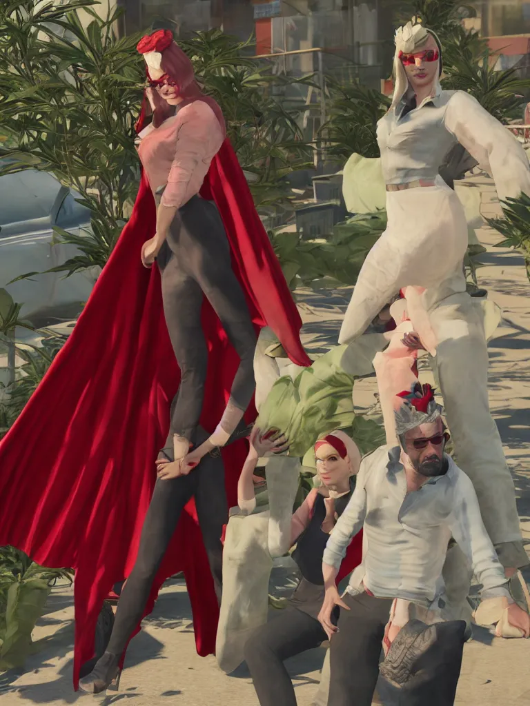 Image similar to Medium shot of a typical character in the styl margot robbie a red velvet cape and OG Kush Sativa flower calyx trichome crown edward julius as a character in gta v, amazing detail