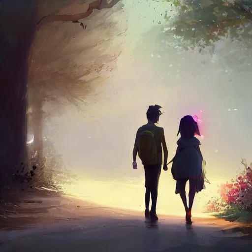 Image similar to a couple walking along a river, enchanted trees, nightime, fireflies, great colors, by greg rutkowski, trending on artstation