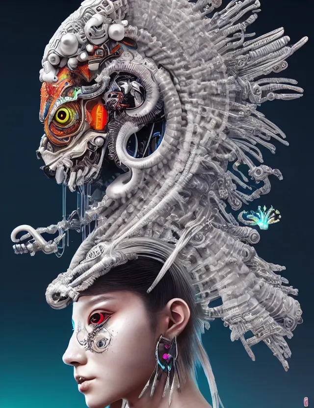 Image similar to 3 d goddess cyborg close - up profile portrait with ram skull. beautiful intricately detailed japanese crow kitsune mask and clasical japanese kimono. betta fish, jellyfish phoenix, bio luminescent, plasma, ice, water, wind, creature, artwork by tooth wu and wlop and beeple and greg rutkowski