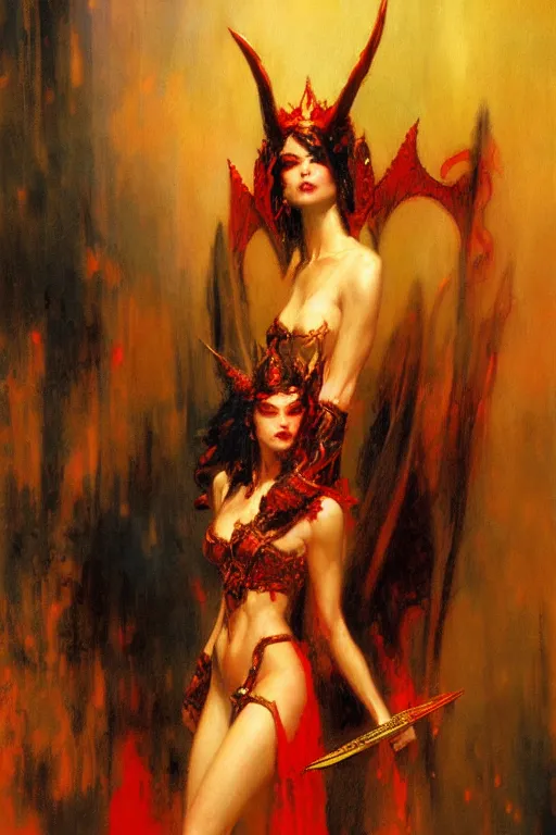 Image similar to attractive demon queen with red eyes, painting by gaston bussiere, craig mullins