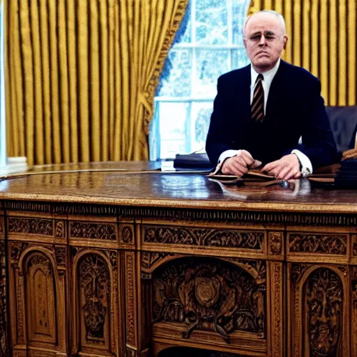 Image similar to president griffith from berserk at his white house oval office desk