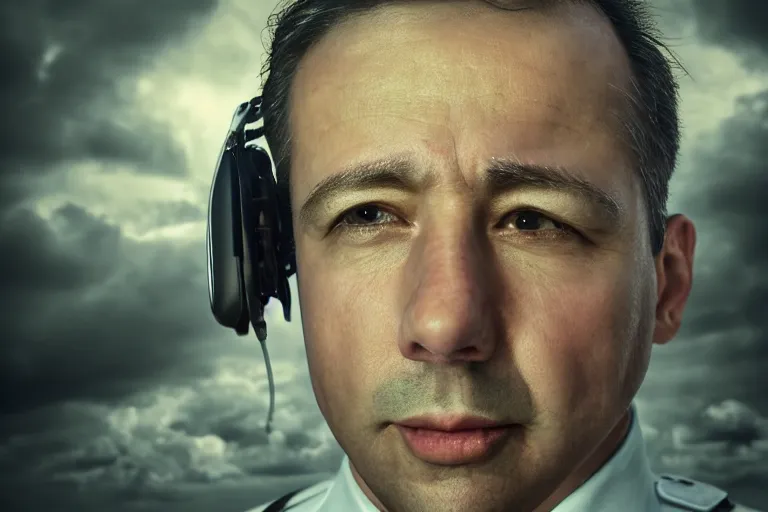 Prompt: an ultra realistic, cinematic, headshot portrait, of an airline pilot, wind, facial features, background of a boeing 7 4 7, with clouds and rain, detailed, deep focus, movie still, dramatic lighting, ray tracing, by michal karcz and yoshitaka amano