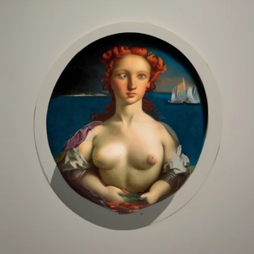 Image similar to fish eye of the birth of venus looking at me, dark lighting