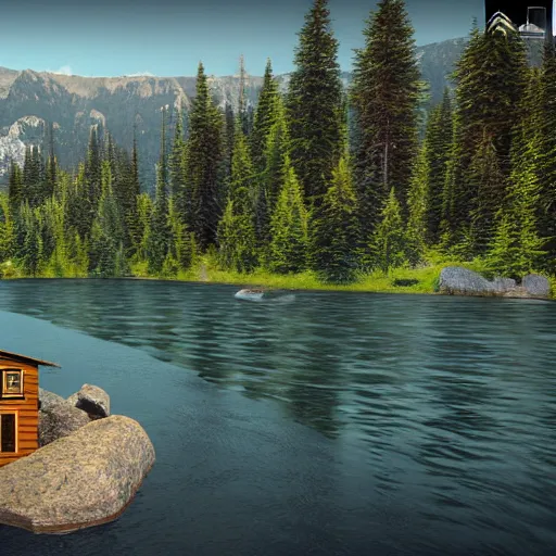 Image similar to « mountain in the background, a river in the middle ground, trees, a bear near a tree, glowing light, photorealistic, unreal engine 5, sharp focus, some rocks in the river, some birds in the sky, and a small woody house on the right far »