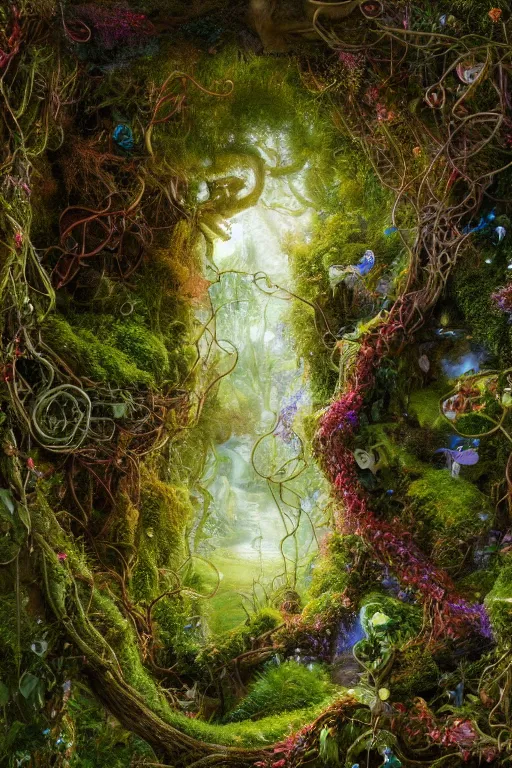 Image similar to a beautiful and highly detailed digital painting of a portal to fairyland, iridescent crystals, moss, multicoloured vines, tangled, the secret garden. intricate details, epic scale, hyperdetailed, hyperrealism,, artstation, cgsociety, 8 k, sharp focus, by caspar friedrich, albert bierstadt, james gurney, brian froud,