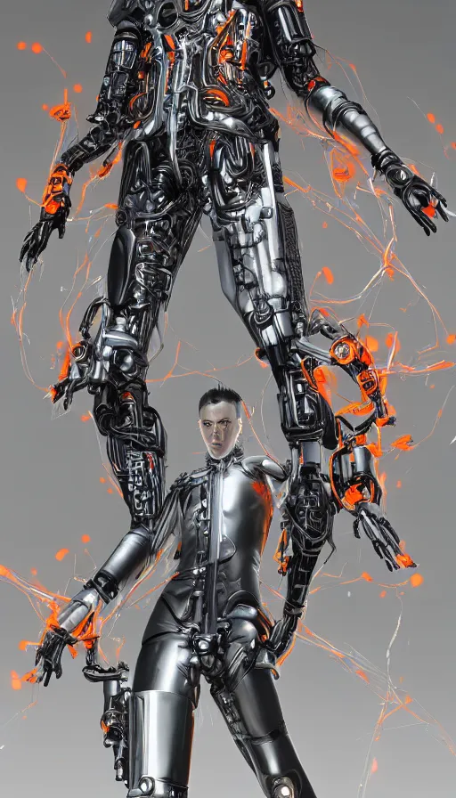 Image similar to full body head to toe portrait of a cyberpunk sci-fi cyborg netrunner bionic man, third person, D&D, sci-fi fantasy, matrix , intricate, black with shiny silver and orange fringe highlights, highly detailed, art by Range Murata, highly detailed, 3d, octane render, bright colors, digital painting, trending on artstation, sharp focus, illustration style of Stanley Artgerm, dramatic background