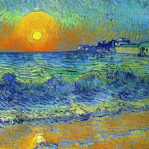 Image similar to a beautiful sunrise in a yucatan beach by van gogh