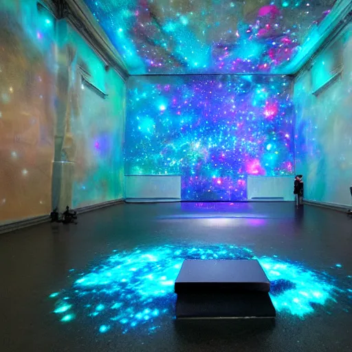 Prompt: an art exhibit featuring spray painted galaxies and sculptures of stars and light projection mapping
