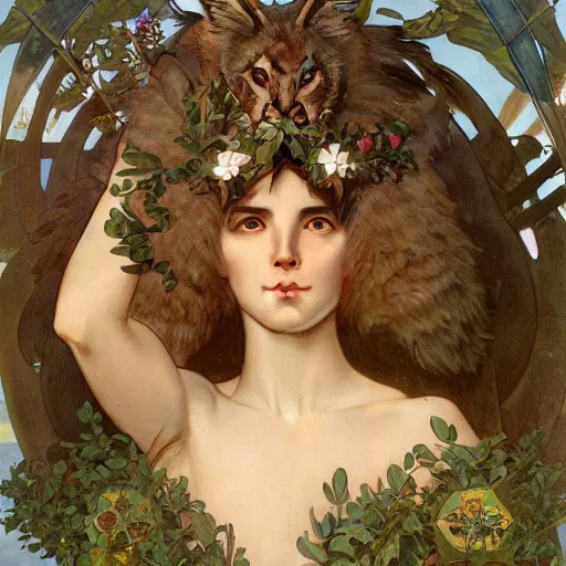 Image similar to laurel wreath lying on top of a cute fluffy caracal head, laurel wreath on his head, 8 k, alphonse mucha, james gurney, greg rutkowski, john howe, artstation