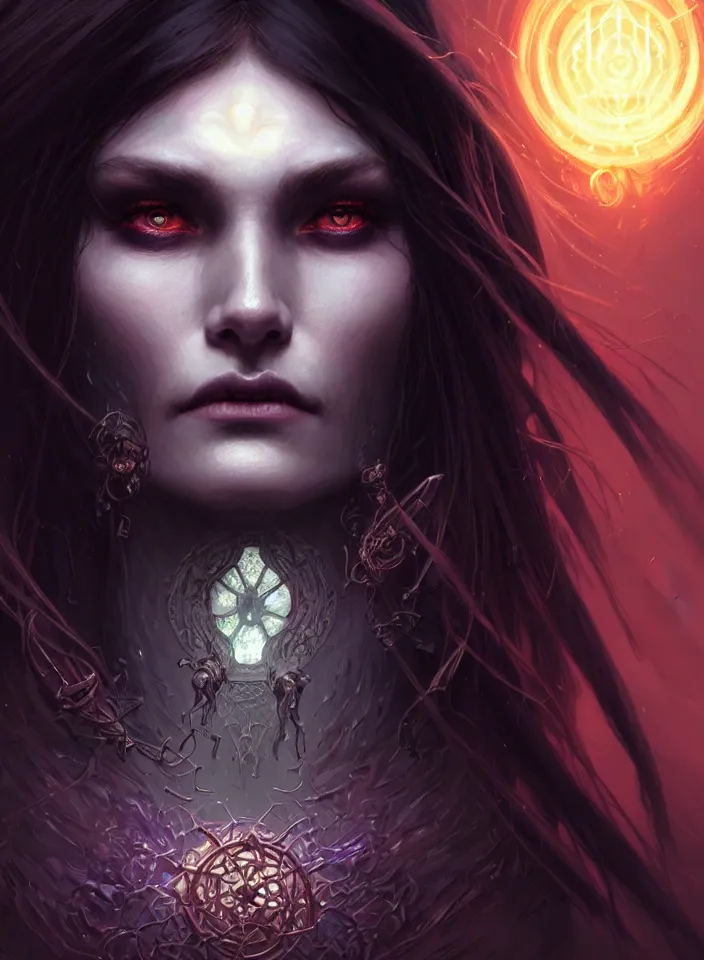 Image similar to Necromancer Sorceress face close-up macro in center, fantasy magic, undercut hairstyle, dark light night, intricate, elegant, sharp focus, illustration, highly detailed, digital painting, concept art, matte, art by WLOP and Artgerm and Greg Rutkowski and Alphonse Mucha, masterpiece