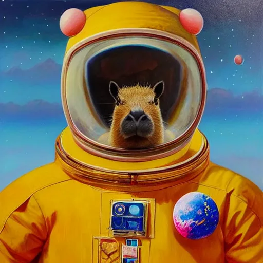 Image similar to beautiful detailed and adorable portrait of a capybara astronaut in a spacesuit, super cute, new contemporary, pop surrealism, oil painting, by alexander trufanov