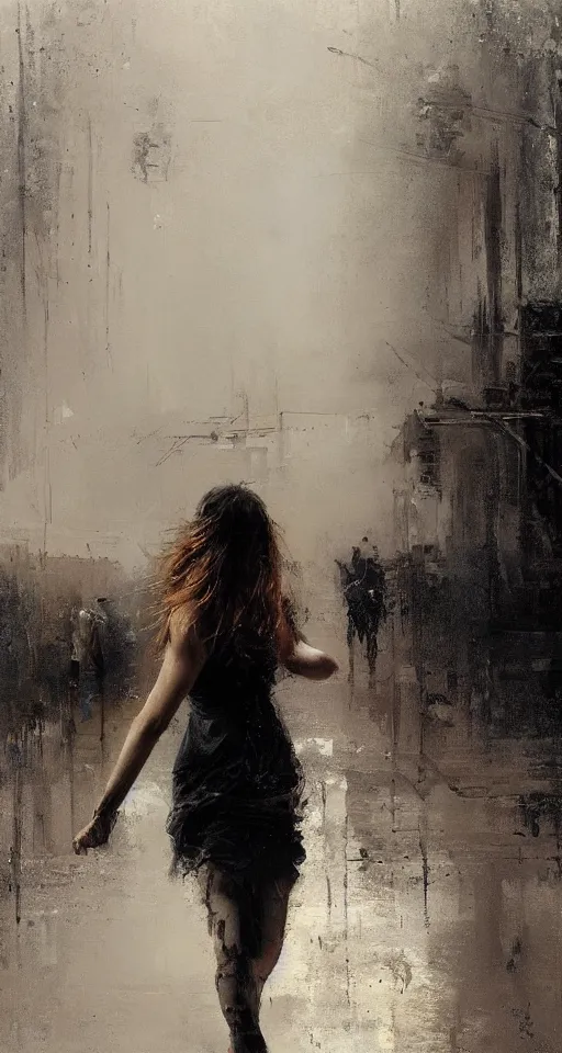 Image similar to painting of a beautiful girl, dancing in the rain, by Jeremy Mann and Jason Jenicke, highly detailed, stylized, loose brush strokes, intricate, realistic, exaggerated lighting, dramatic lighting, sense of scale, sense of movement, sensual