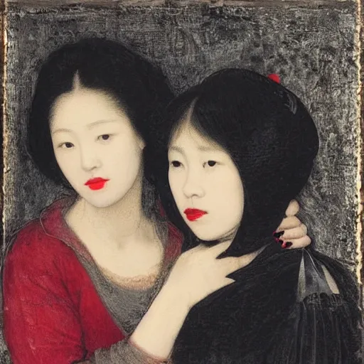 Image similar to Woman holding another woman, arm around her neck, she is Korean, the other black, both have red lips, wearing a veil, Pre-Raphaelite style