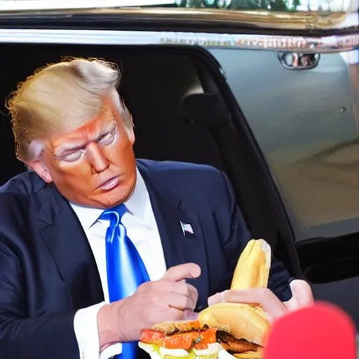 Prompt: donald trump eating a cheeseburger, paparazzi photo