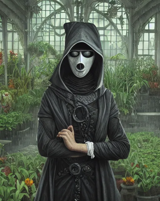 Image similar to portrait of a female plague doctor in a botanical greenhouse, heavy rain outside, wind, thunder, reflections, deep focus, d & d, fantasy, intricate, elegant, highly detailed, digital painting, artstation, concept art, matte, sharp focus, illustration, hearthstone, art by artgerm and greg rutkowski and alphonse mucha