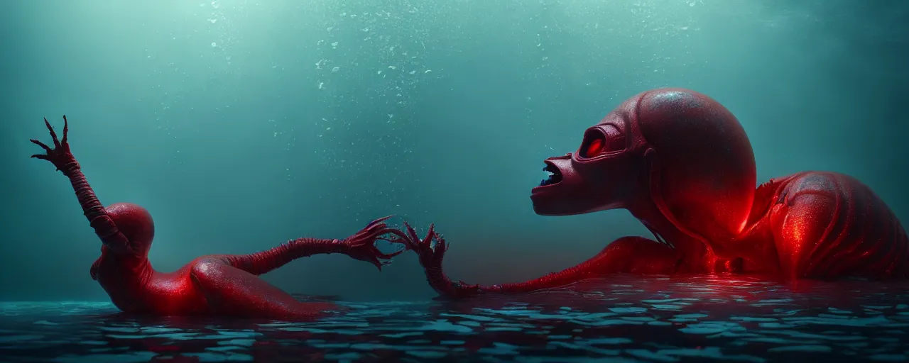 Prompt: ultra realistic horror photo of a dimly lit red female alien creature underwater, very intricate details, focus, full frame image, curvy, model pose, artwork by tooth wu and wlop and beeple and greg rutkowski, award winning