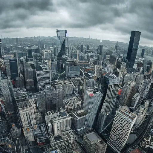 Prompt: marquess brownlee walking skyline between twin towers aerial shot cloudy day