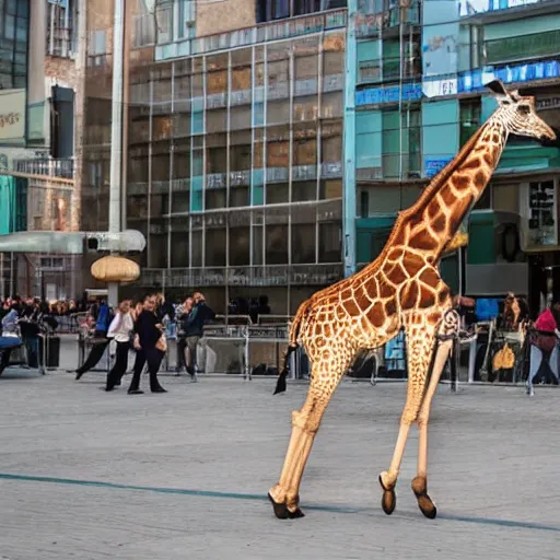 Image similar to a giraffe dancing ballet in the center of city