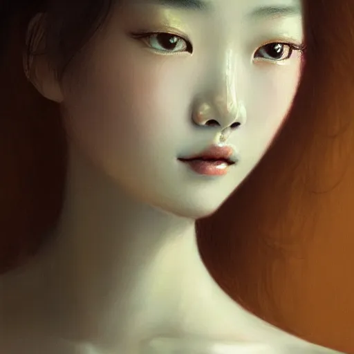 Prompt: close-up portrait of a beautiful Korean Luxurious Goddess posing dramatically in the art style of James Jean pastiche, by WLOP, rule of thirds, 4k quality