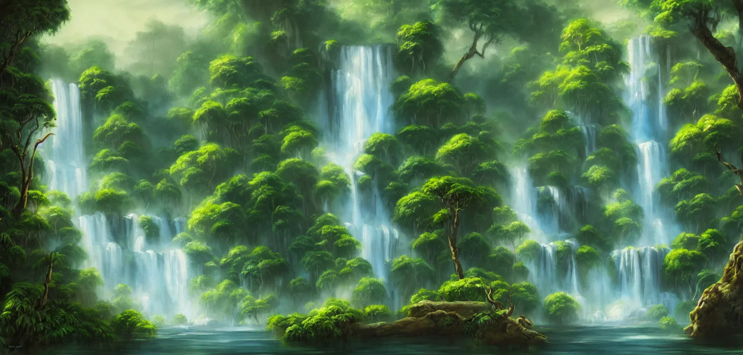 Prompt: a painting of a waterfall in the jungle, a detailed matte painting by bob ross, deviantart, fantasy art, matte painting, detailed painting, 2 d game art