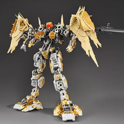 Image similar to realistic combat mech, carved black marble mechanical exoskeleton wearing hardsurface armour, inlaid with obsidian and gold accents, ivory rococo, wings lace wear, sculpted by spider zero, frank gehry, jeff koons, bandai box art